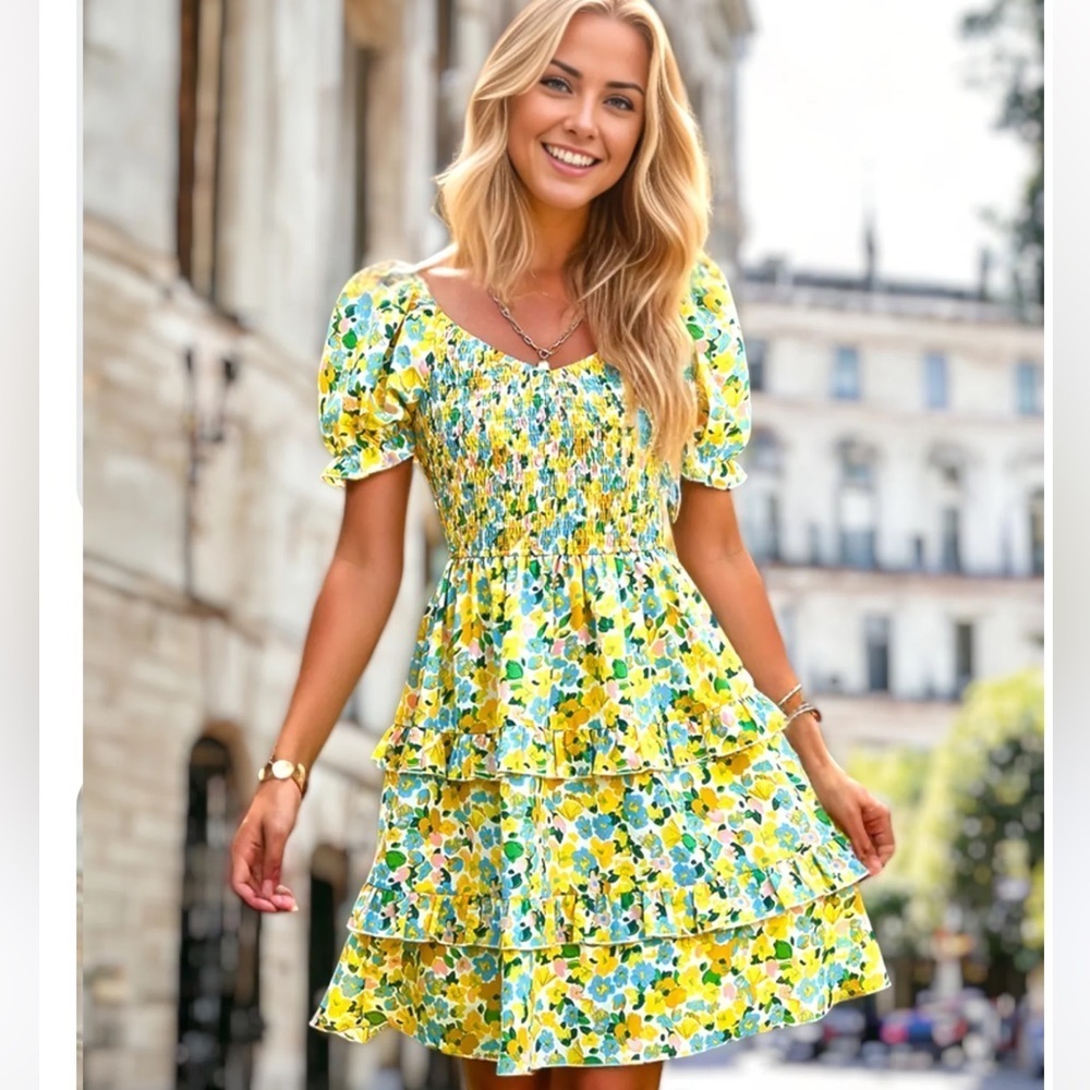 Kirundo Blue Yellow Floral Print Smocked Puff Sleeve Off Shoulder Dress Medium